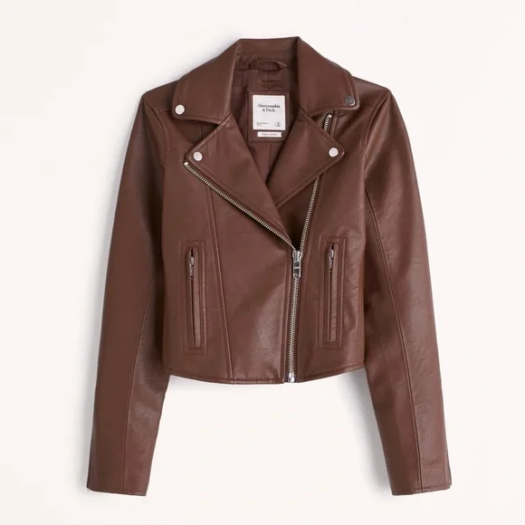NWT Abercrombie & Fitch Vegan Leather Moto Jacket in Dark Brown - Picture 2 of 9
